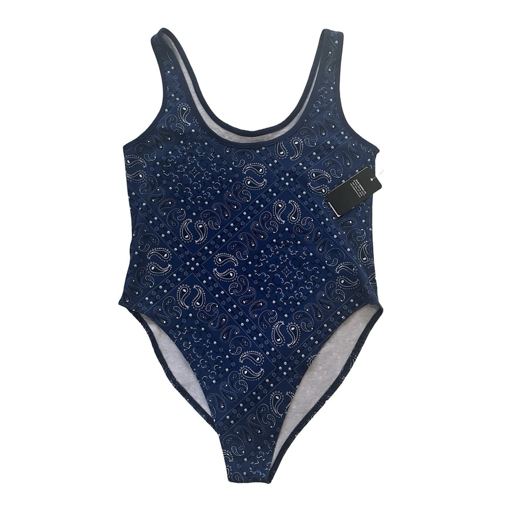 New Isaac Morris Size M Bodysuit Tank Blue Indigo Western Handkerchief Print
